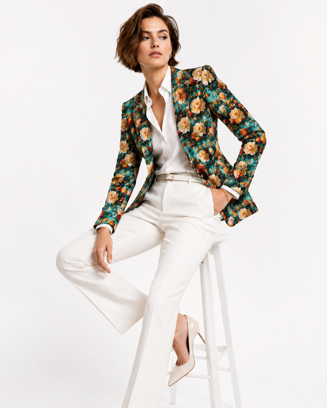 Women's Aqua Renaissance Rose blazer with cream and burnt-orange roses