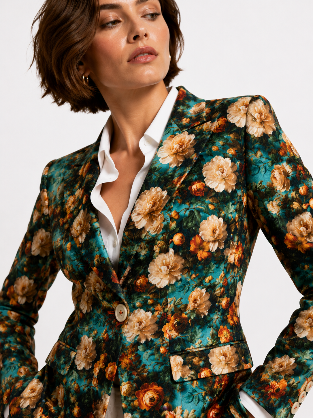 Close view of the Aqua Renaissance Rose print blazer by Claudio Lugli