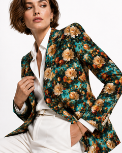 Claudio Lugli Aqua Renaissance Rose blazer styled with a white blouse
