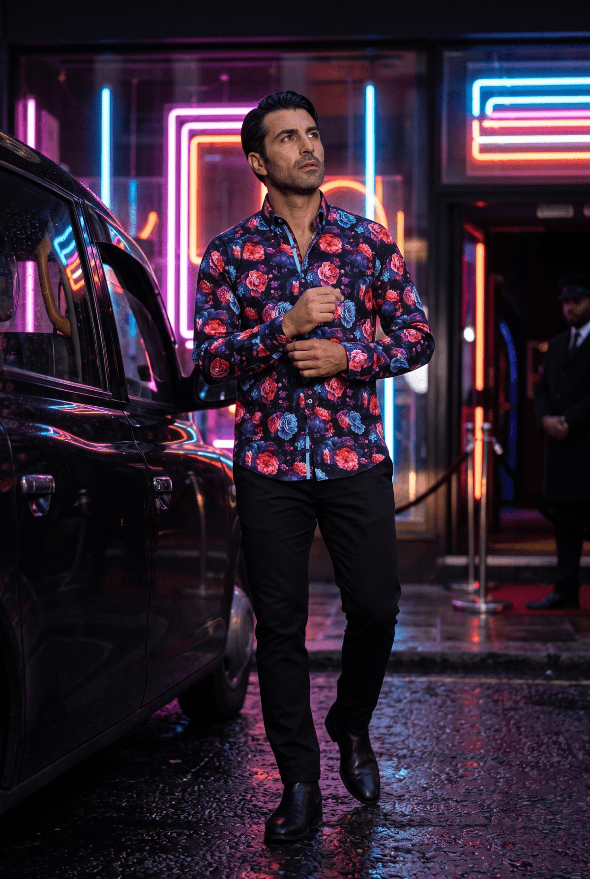 Cosmic Bloom print shirt in premium satin cotton with contrast cuffs and placket, £85, sizes Small to 6XL.