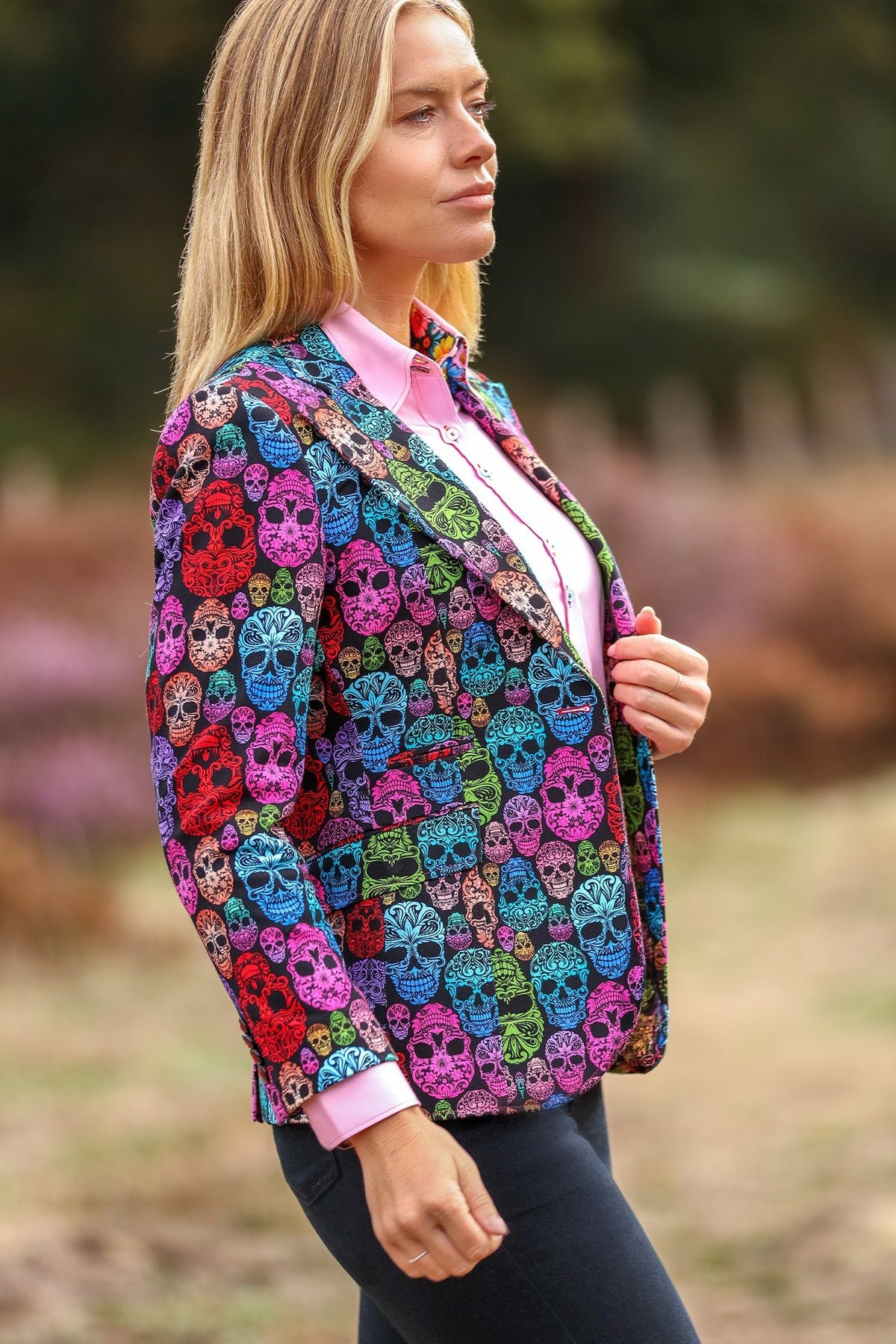 Claudio Lugli Day of the Dead Skull Print Women's Blazer, black blazer with multicolour sugar-skull print, front view