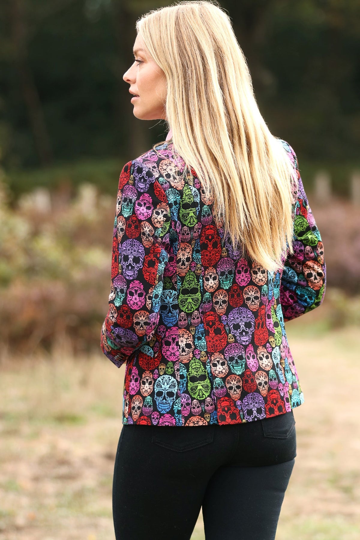 Claudio Lugli Day of the Dead Skull Print Women's Blazer, front view showing the tailored cut and single-button fastening