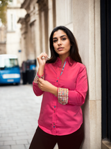 CLASSIC WOMENS PLAIN SHIRT WITH HOUNDSTOOTH INSERT