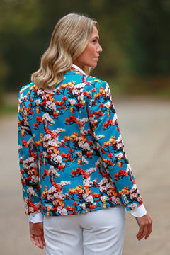 Claudio Lugli Enchanted Garden Print Blazer in aqua, side and back view showing the blossom print across the shoulders