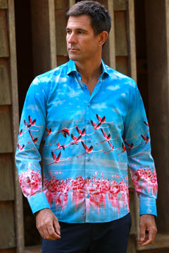 FLAMINGOS IN FLIGHT PLACEMENT SHIRT - Premium Men's Patterned Shirt by Claudio Lugli | Bold Design, Tailored Fit, Best Printed Shirts