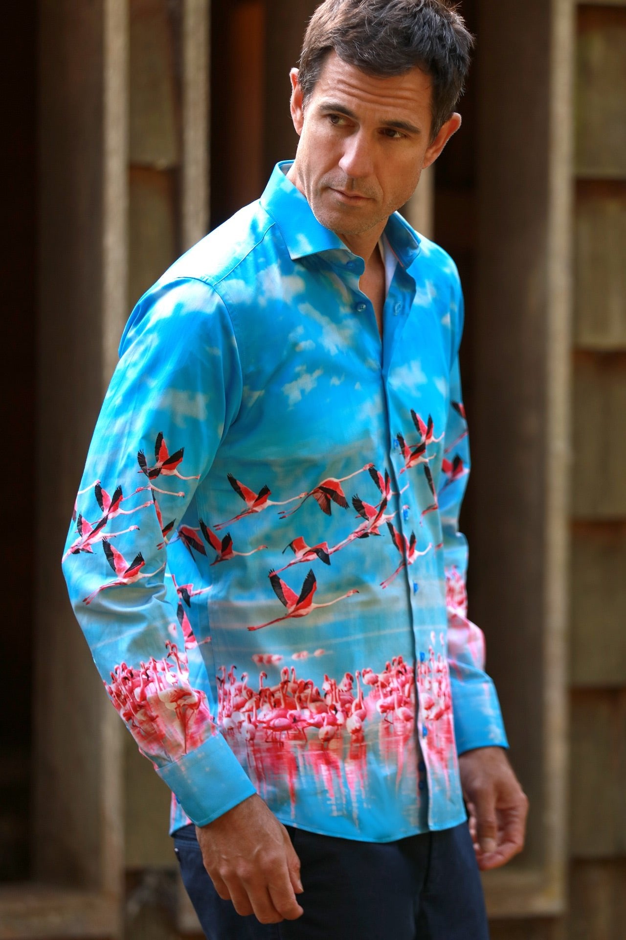 FLAMINGOS IN FLIGHT PLACEMENT SHIRT - Premium Men's Patterned Shirt by Claudio Lugli | Bold Design, Tailored Fit, Best Printed Shirts