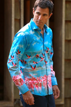 FLAMINGOS IN FLIGHT PLACEMENT SHIRT - Premium Men's Patterned Shirt by Claudio Lugli | Bold Design, Tailored Fit, Best Printed Shirts