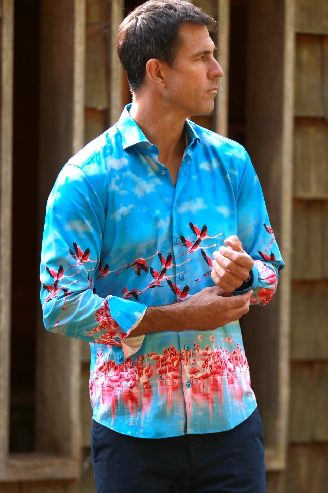 FLAMINGOS IN FLIGHT PLACEMENT SHIRT - Premium Men's Patterned Shirt by Claudio Lugli | Bold Design, Tailored Fit, Best Printed Shirts
