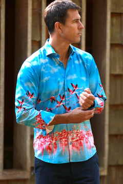 FLAMINGOS IN FLIGHT PLACEMENT SHIRT - Premium Men's Patterned Shirt by Claudio Lugli | Bold Design, Tailored Fit, Best Printed Shirts