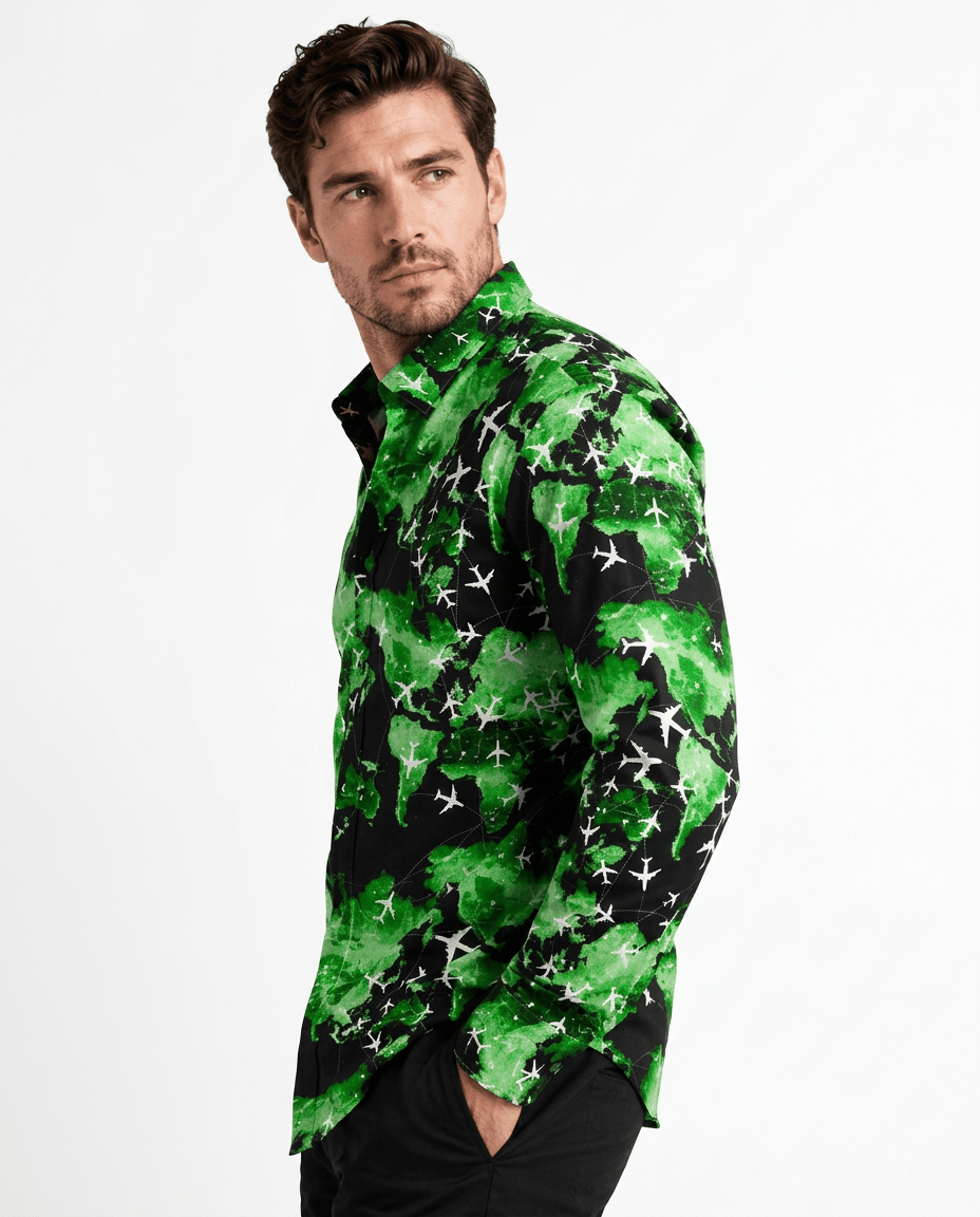 Flight Map Satin Cotton Printed Shirt - Claudio Lugli Shirts