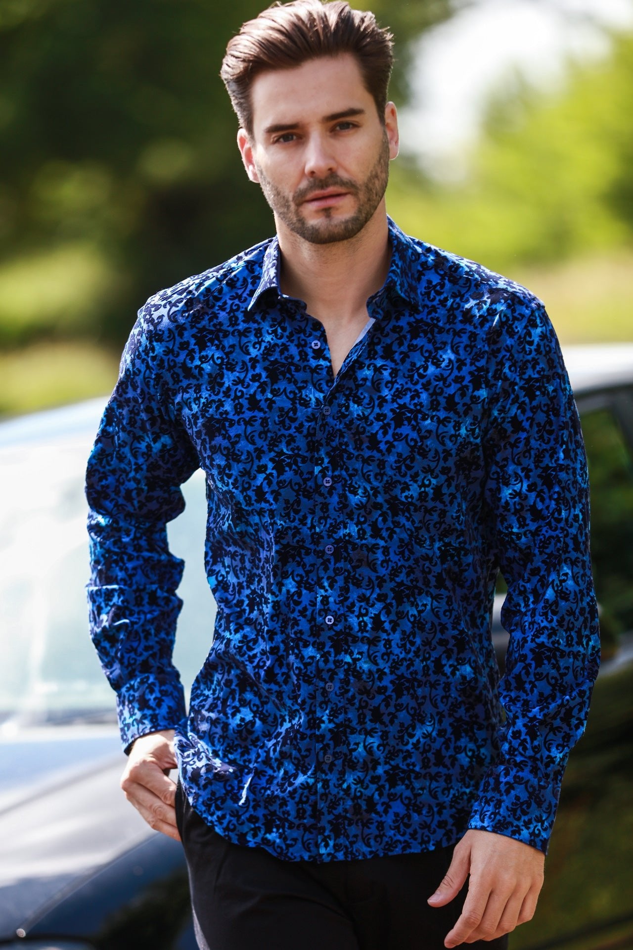 FLORAL FLOCKING SHIRT ON VIBRANT ELECTRIC BLUE TENCEL BASE - Claudio Lugli Shirts