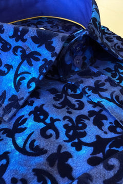 FLORAL FLOCKING SHIRT ON VIBRANT ELECTRIC BLUE TENCEL BASE - Claudio Lugli Shirts