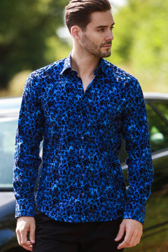 FLORAL FLOCKING SHIRT ON VIBRANT ELECTRIC BLUE TENCEL BASE - Claudio Lugli Shirts