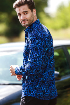 FLORAL FLOCKING SHIRT ON VIBRANT ELECTRIC BLUE TENCEL BASE - Claudio Lugli Shirts