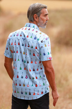 GUITAR STRIPE PRINT SHORT SLEEVE SHIRT - Premium Men's Patterned Shirt by Claudio Lugli | Bold Design, Tailored Fit, Best Printed Shirts