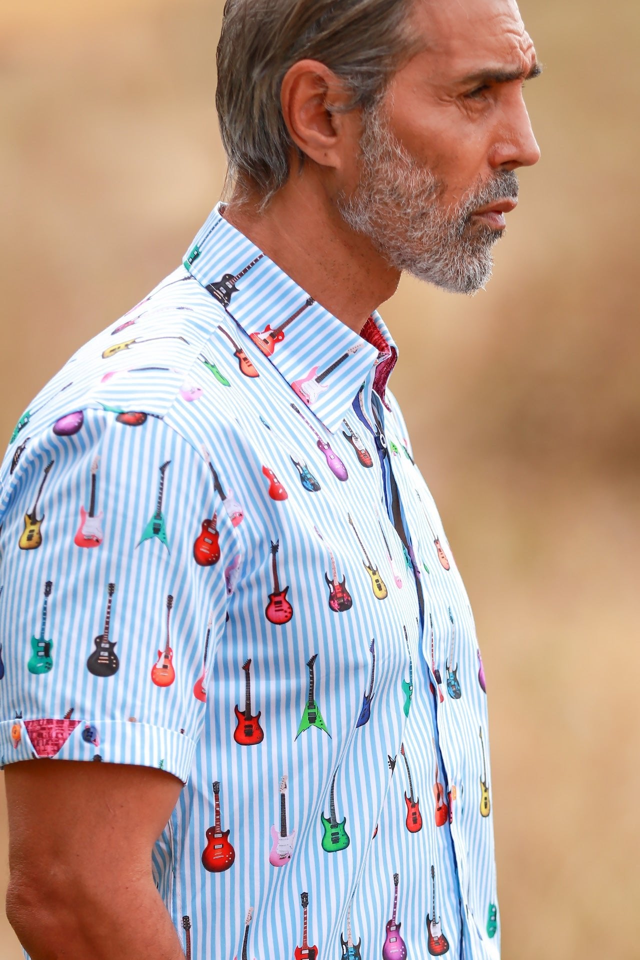 GUITAR STRIPE PRINT SHORT SLEEVE SHIRT - Premium Men's Patterned Shirt by Claudio Lugli | Bold Design, Tailored Fit, Best Printed Shirts
