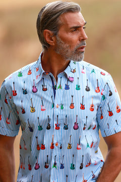GUITAR STRIPE PRINT SHORT SLEEVE SHIRT - Premium Men's Patterned Shirt by Claudio Lugli | Bold Design, Tailored Fit, Best Printed Shirts