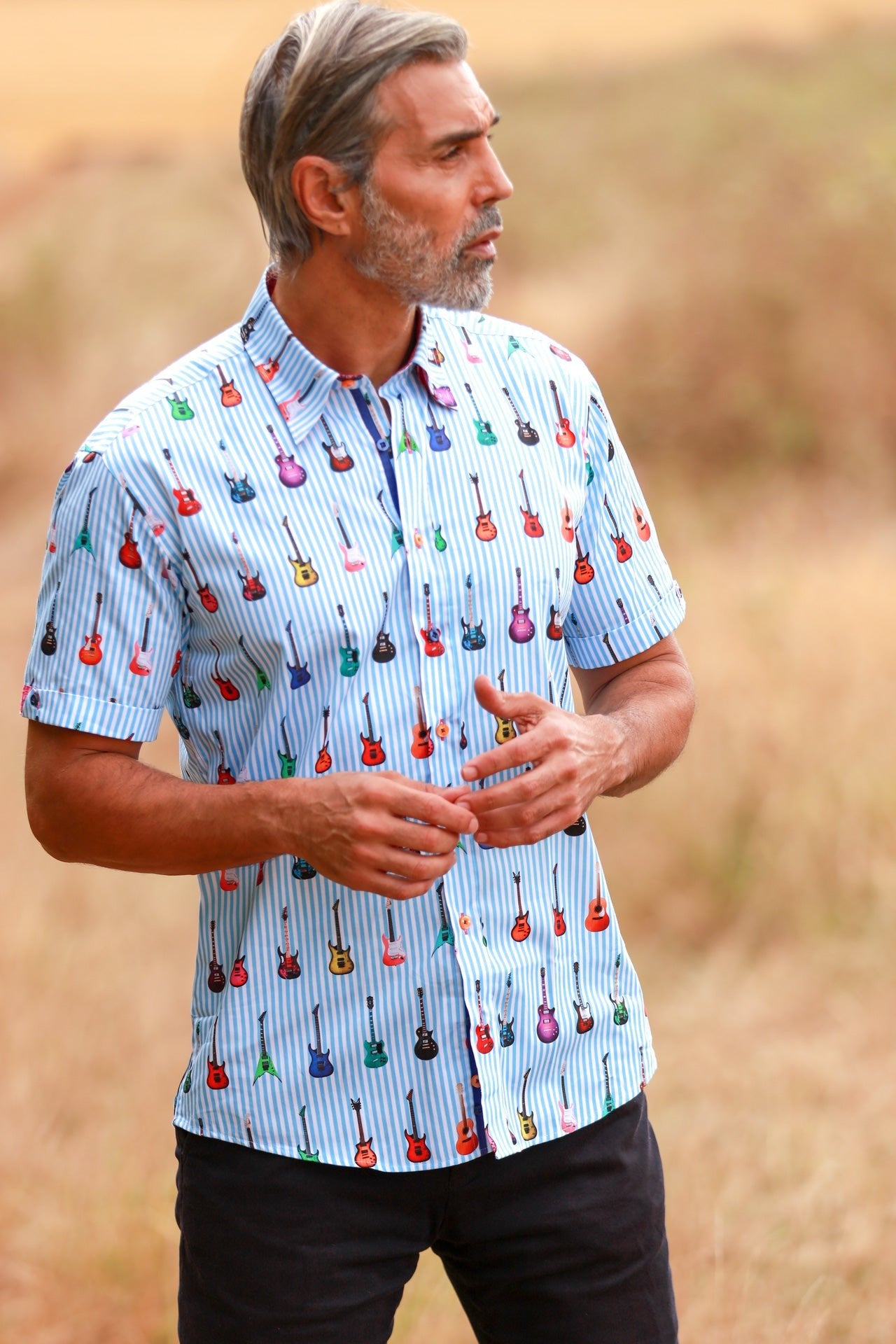 GUITAR STRIPE PRINT SHORT SLEEVE SHIRT - Premium Men's Patterned Shirt by Claudio Lugli | Bold Design, Tailored Fit, Best Printed Shirts