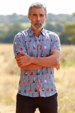 GUITAR STRIPE PRINT SHORT SLEEVE SHIRT - Premium Men's Patterned Shirt by Claudio Lugli | Bold Design, Tailored Fit, Best Printed Shirts