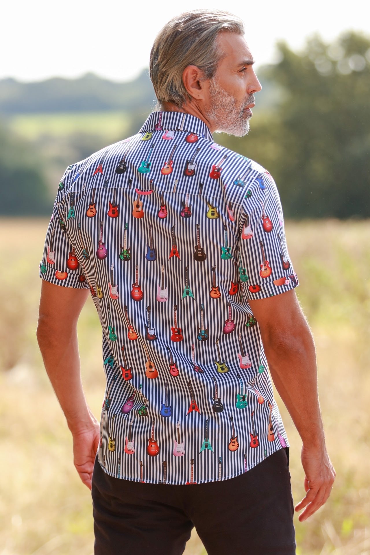 GUITAR STRIPE PRINT SHORT SLEEVE SHIRT - Premium Men's Patterned Shirt by Claudio Lugli | Bold Design, Tailored Fit, Best Printed Shirts