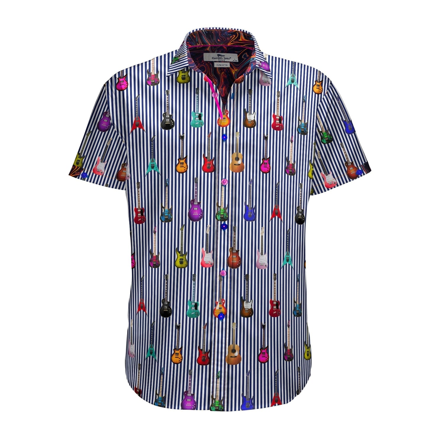GUITAR STRIPE PRINT SHORT SLEEVE SHIRT - Premium Men's Patterned Shirt by Claudio Lugli | Bold Design, Tailored Fit, Best Printed Shirts
