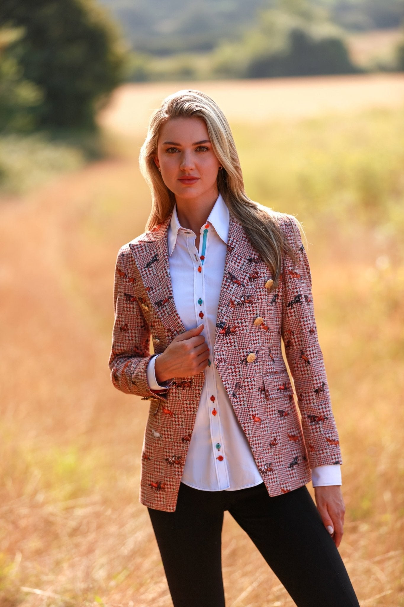 HOUNDSTOOTH AND MUSTANGS DOUBLE BREASTED PRINTED WOMENS JACKET - Premium Men's Patterned Shirt by Claudio Lugli | Bold Design, Tailored Fit, Best Printed Shirts