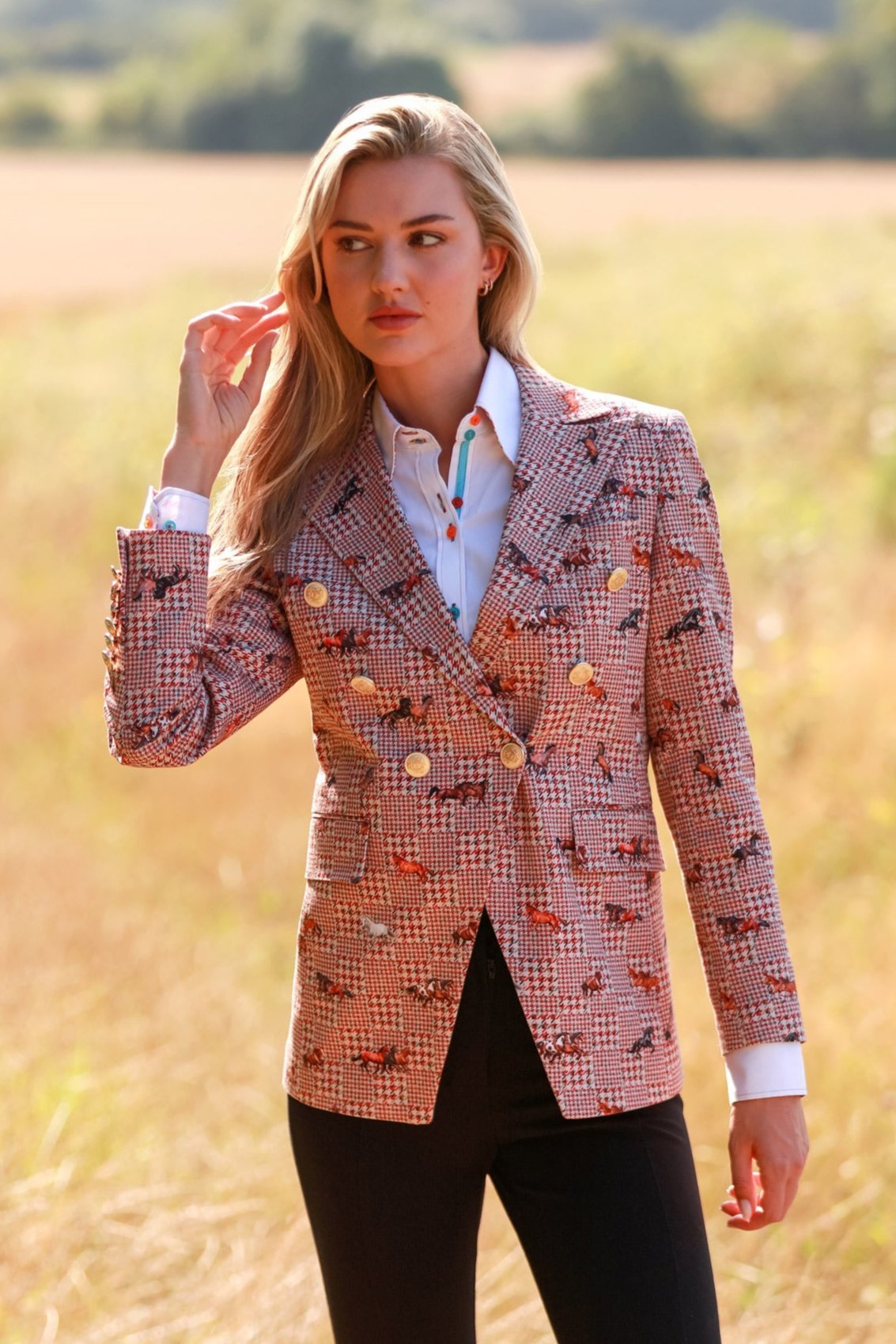 HOUNDSTOOTH AND MUSTANGS DOUBLE BREASTED PRINTED WOMENS JACKET - Premium Men's Patterned Shirt by Claudio Lugli | Bold Design, Tailored Fit, Best Printed Shirts