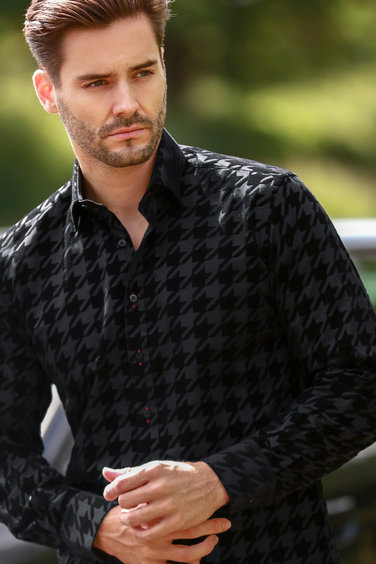 HOUNDSTOOTH FLOCKING SHIRT ON JET - BLACK TENCEL BASE - Claudio Lugli Shirts