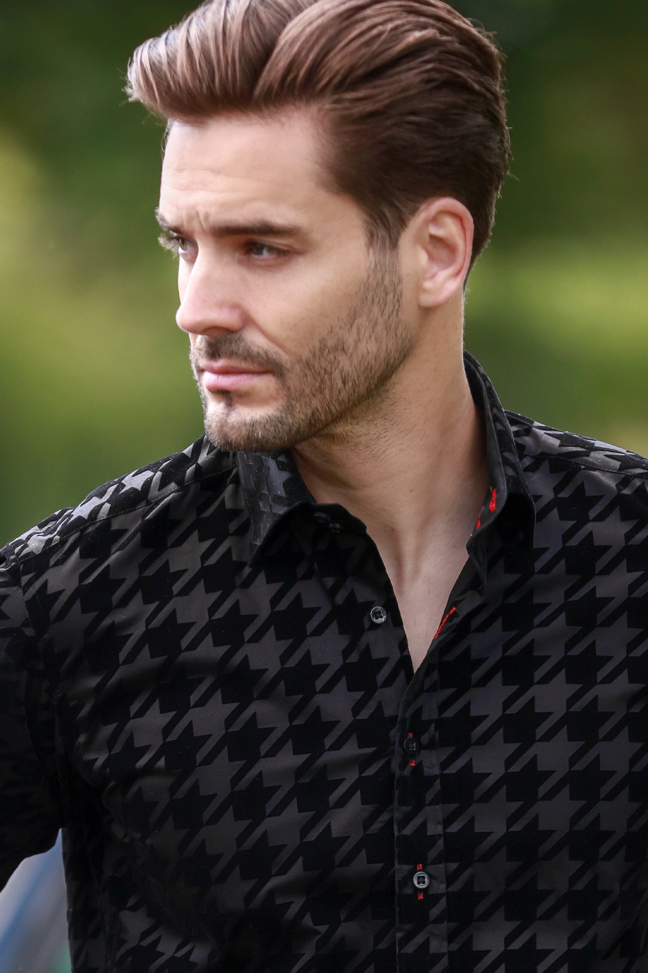HOUNDSTOOTH FLOCKING SHIRT ON JET - BLACK TENCEL BASE - Claudio Lugli Shirts