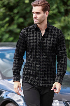 HOUNDSTOOTH FLOCKING SHIRT ON JET - BLACK TENCEL BASE - Claudio Lugli Shirts