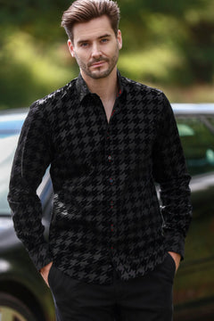 HOUNDSTOOTH FLOCKING SHIRT ON JET - BLACK TENCEL BASE - Claudio Lugli Shirts