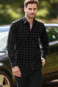 HOUNDSTOOTH FLOCKING SHIRT ON JET - BLACK TENCEL BASE - Claudio Lugli Shirts