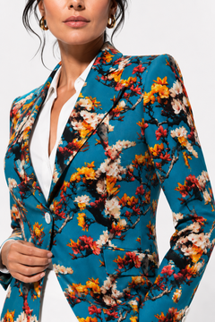 Close view of the Aqua Enchanted Garden print blazer by Claudio Lugli