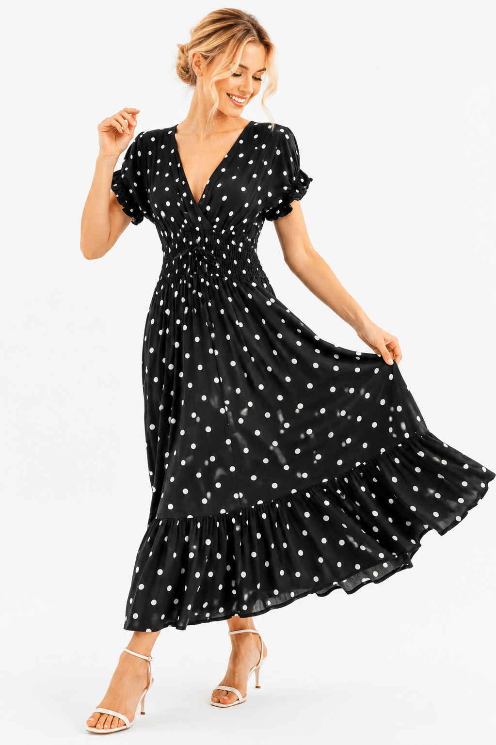 ITALIAN POLKA DOT SHIRRED MIDI DRESS - Claudio Lugli Shirts