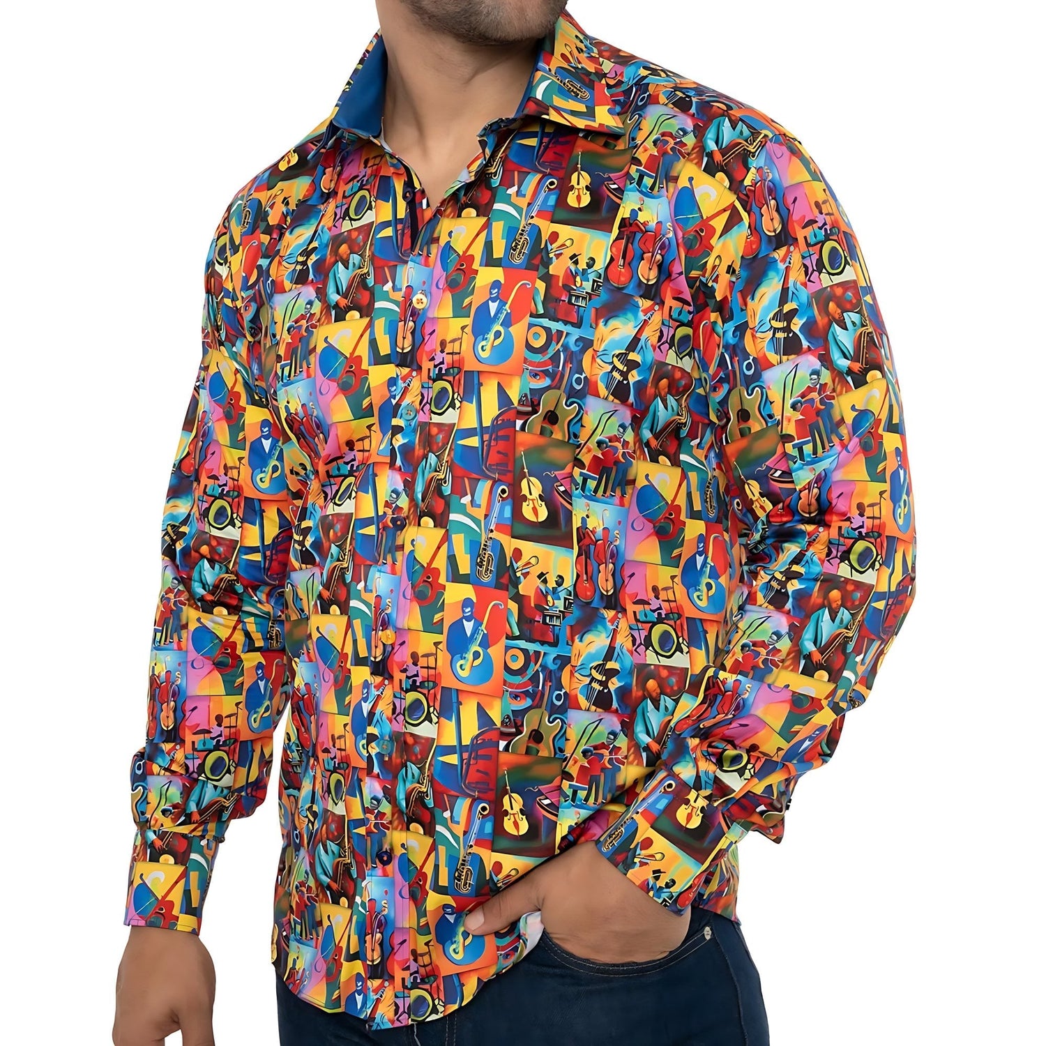 JAZZ MUSIC CUBISM ART PRINT SHIRT – Premium Men's Patterned Shirt by Claudio Lugli | Bold Design, Tailored Fit, Best Printed Shirts