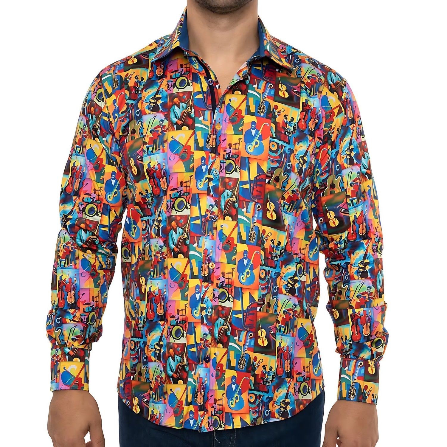 JAZZ MUSIC CUBISM ART PRINT SHIRT – Premium Men's Patterned Shirt by Claudio Lugli | Bold Design, Tailored Fit, Best Printed Shirts