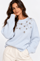 Claudio Lugli Jewelled Knit Jumper in powder blue, close view of the pearl and jewel embellishment scattered across the neckline