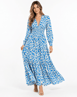 Claudio Lugli Leopard Tiered Maxi Dress in blue, back view showing the tiered maxi skirt and smocked waist