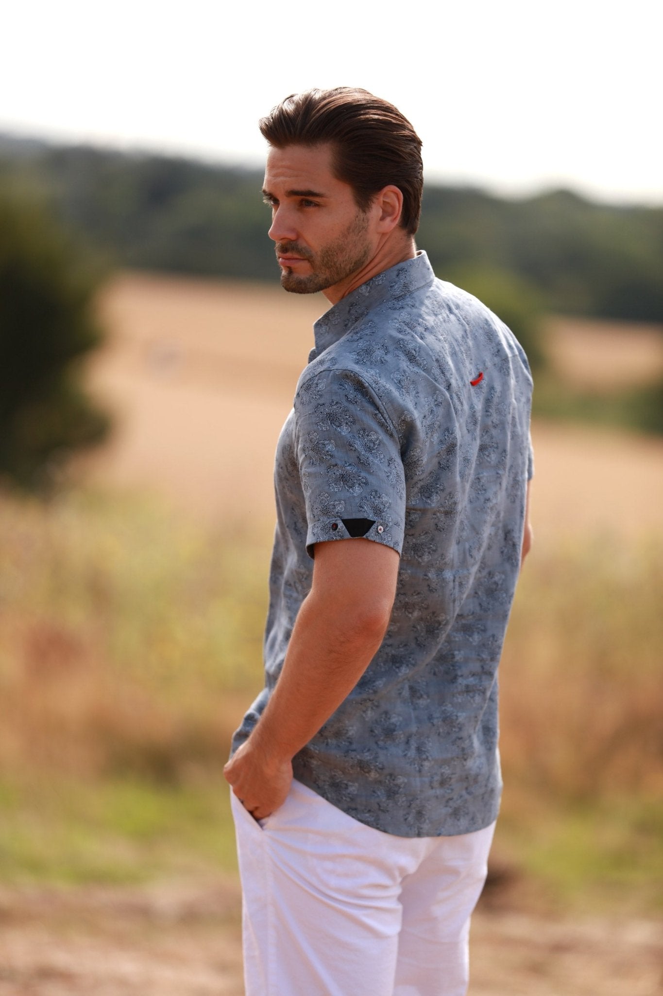 LINEN GREY FLOWER MEN SHORT SLEEVE - Premium Men's Patterned Shirt by Claudio Lugli | Bold Design, Tailored Fit, Best Printed Shirts