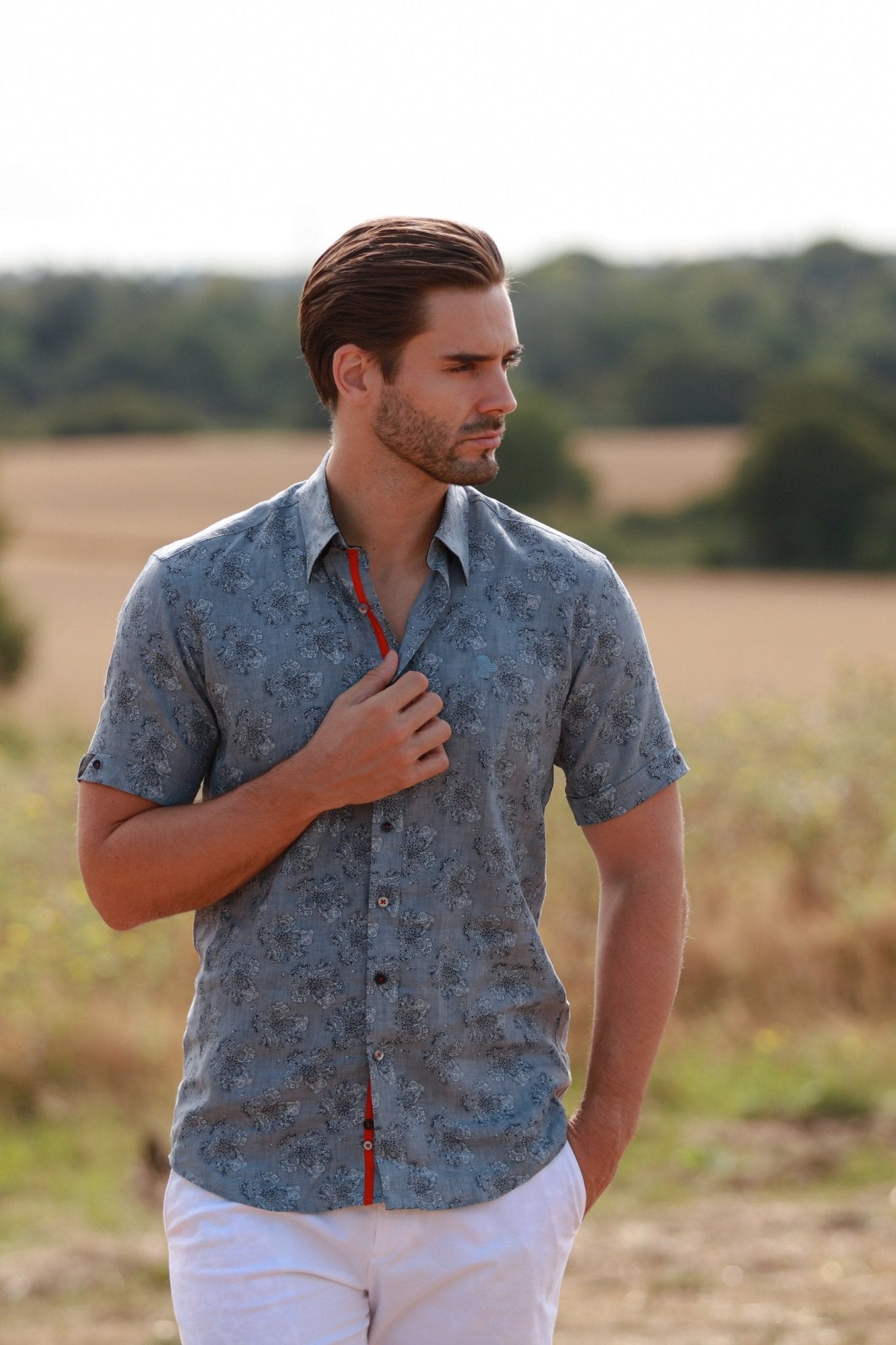 LINEN GREY FLOWER MEN SHORT SLEEVE - Premium Men's Patterned Shirt by Claudio Lugli | Bold Design, Tailored Fit, Best Printed Shirts