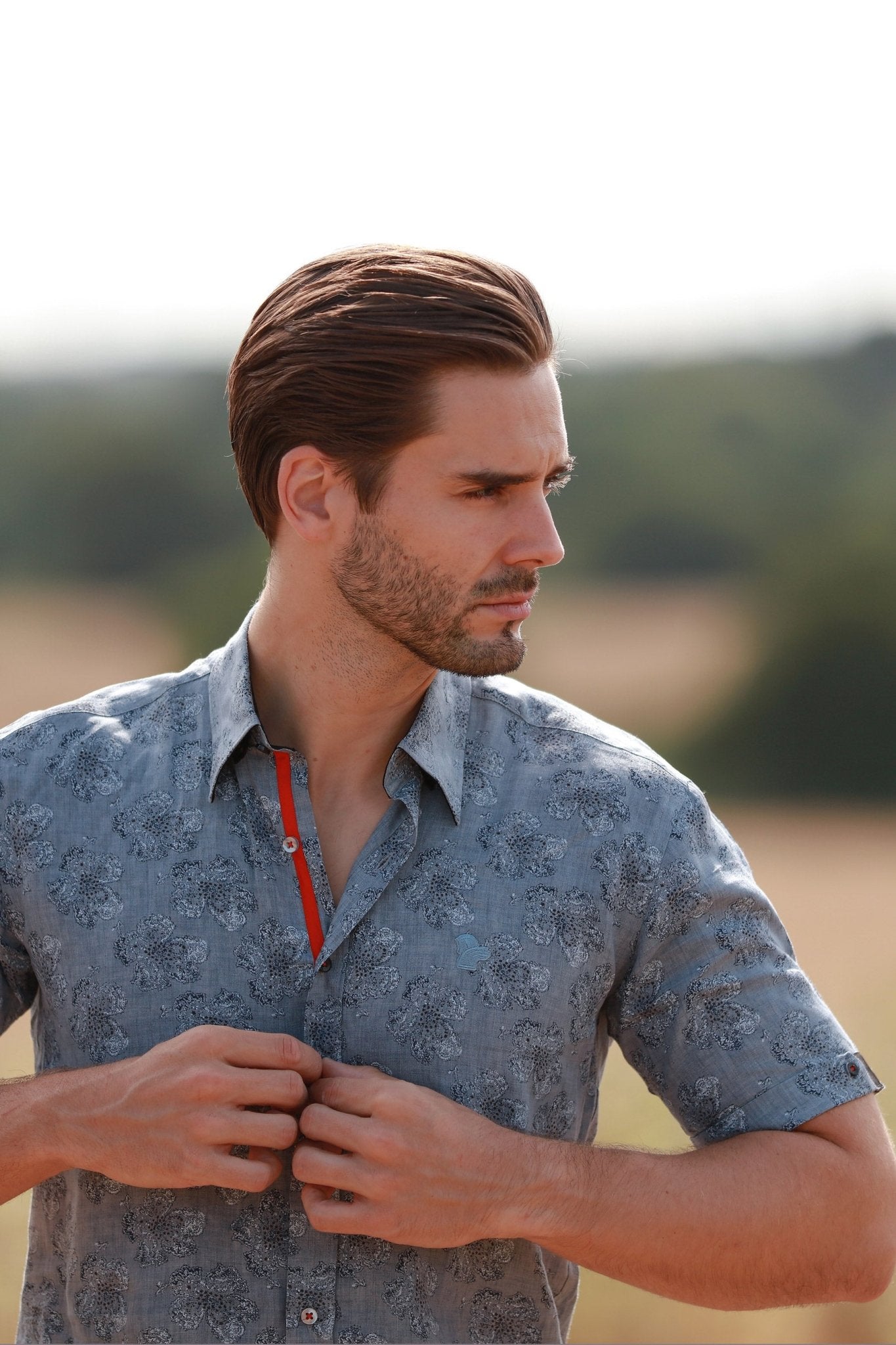 LINEN GREY FLOWER MEN SHORT SLEEVE - Premium Men's Patterned Shirt by Claudio Lugli | Bold Design, Tailored Fit, Best Printed Shirts