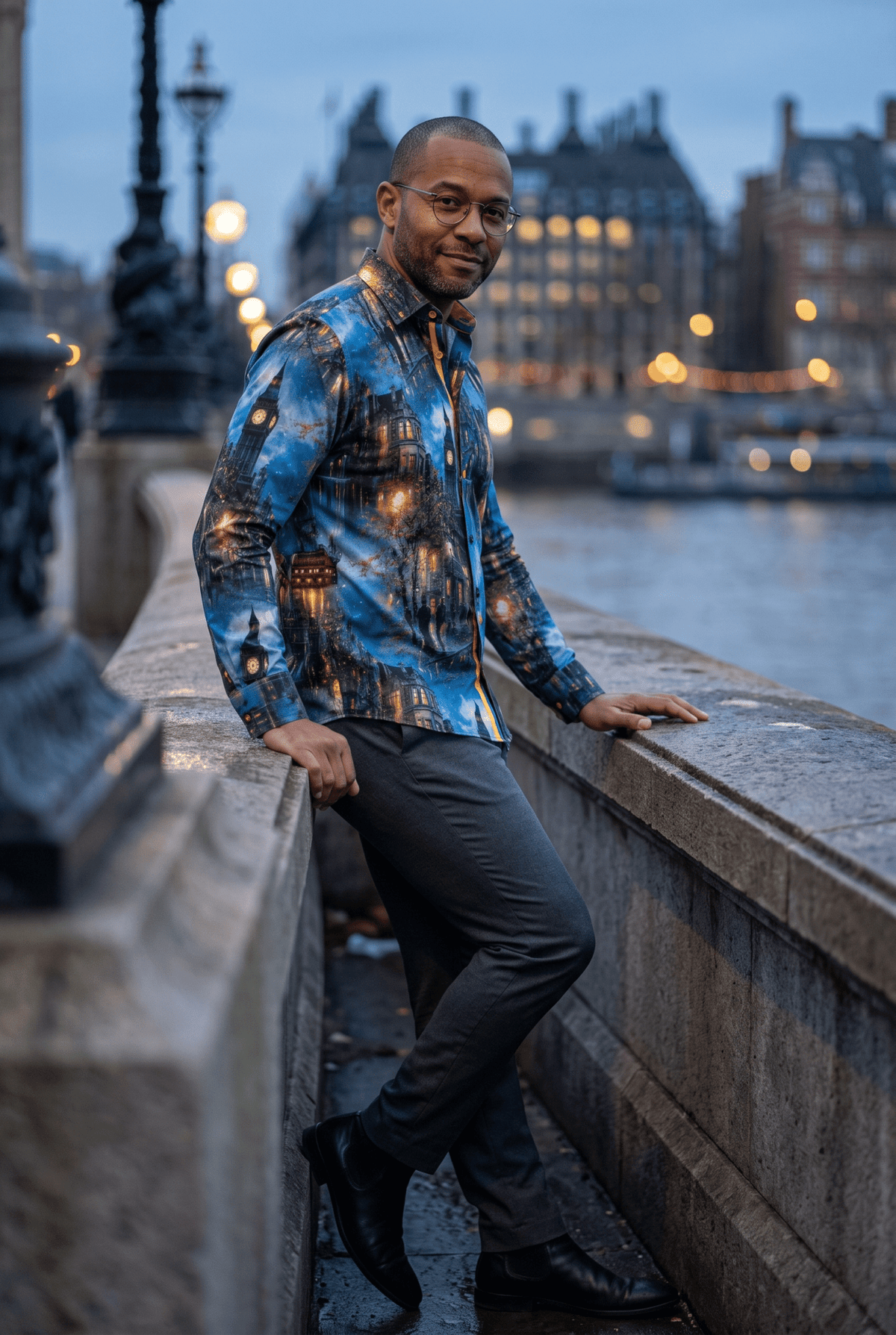 London landmarks drawn across deep navy satin cotton, £95, designed in the city it is printed with.
