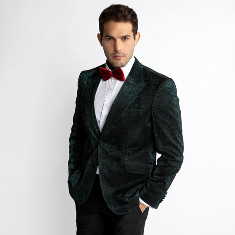 Claudio Lugli Luxury Fitted Sparkling Dinner Jacket, dark green jacket, front view with model's hand in pocket