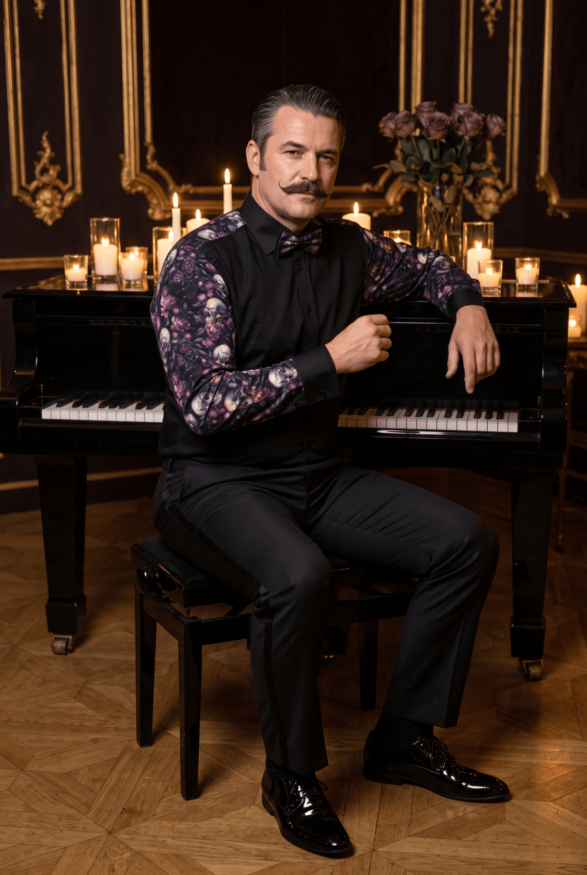 Men's Skulls & Roses Tuxedo Shirt - Black - Claudio Lugli Shirts