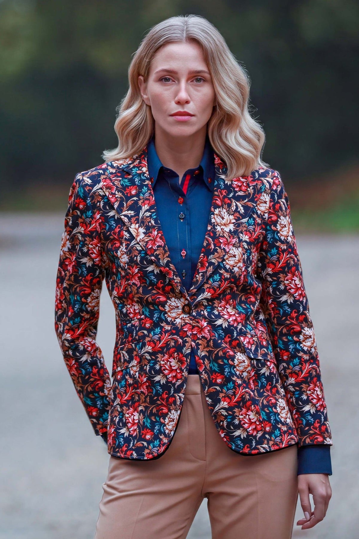 Claudio Lugli Midnight Baroque Bloom Print Blazer, front view showing the notch lapels and one-button fastening on the navy floral print