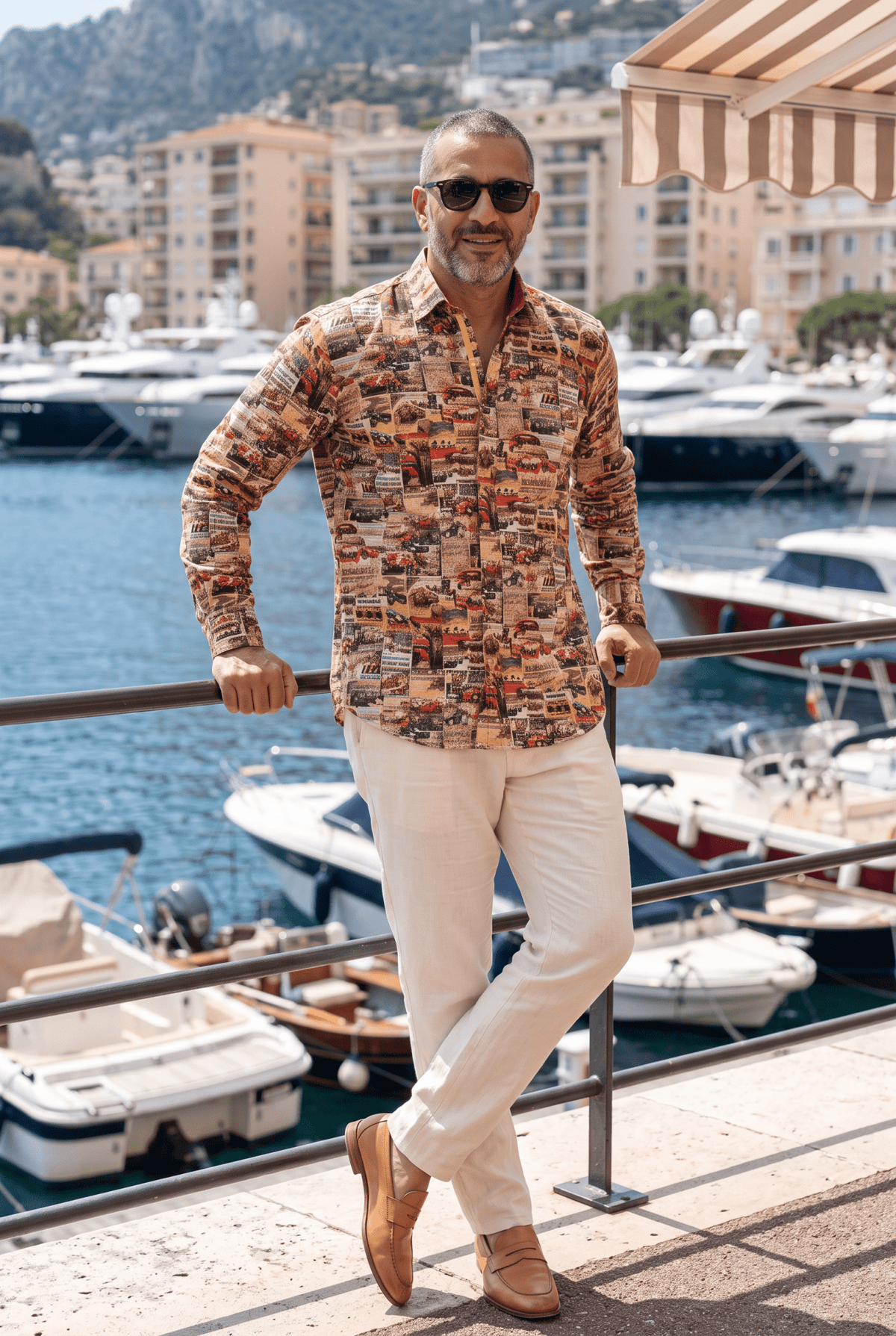 Claudio Lugli Monaco Montage print shirt in premium satin cotton, sized small through to 6XL.