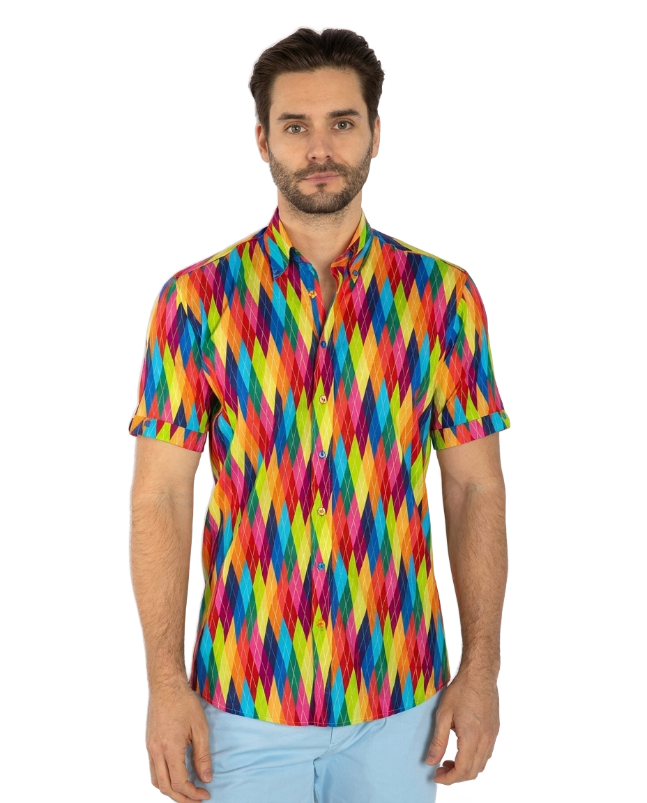 Multicolour Diamond Print Men's Stretchy Tencel Short Sleeve Shirt - Claudio Lugli Shirts