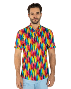 Multicolour Diamond Print Men's Stretchy Tencel Short Sleeve Shirt - Claudio Lugli Shirts
