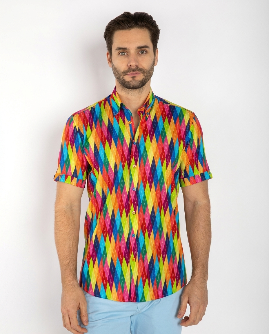 Multicolour Diamond Print Men's Stretchy Tencel Short Sleeve Shirt - Claudio Lugli Shirts