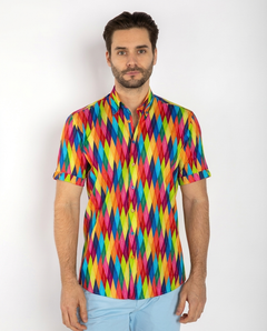 Multicolour Diamond Print Men's Stretchy Tencel Short Sleeve Shirt - Claudio Lugli Shirts
